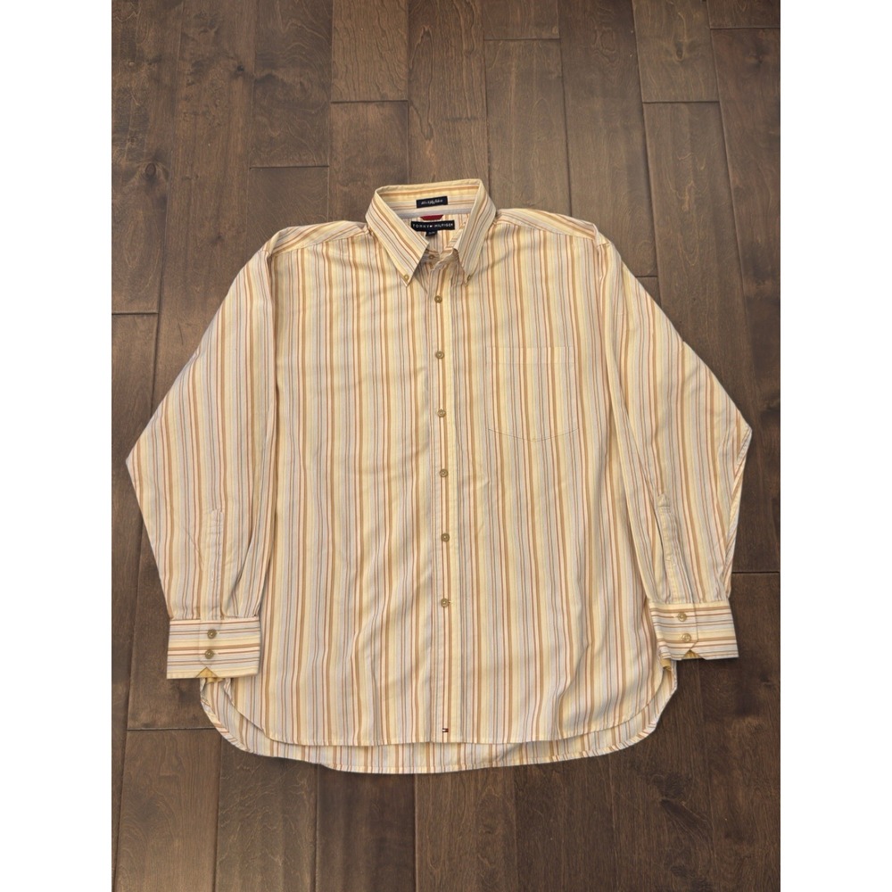 Vtg Tommy Hilfiger Shirt Mens Size XL Beige Striped Button Up 90s Long Sleeve - Picture 2 of 8